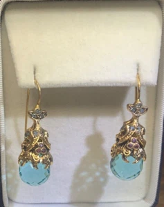 Art Nouveau Italian bronze Earrings Antique Sap-phire Blue Glass Drops - Picture 1 of 6