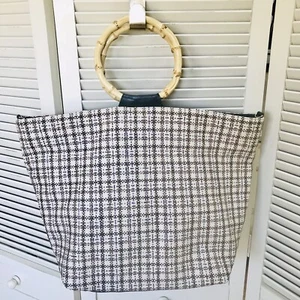 Beach Bag Bamboo Handle XL Woven Neutral Floral Cloth Lining Travel Tote Pool - Picture 1 of 8