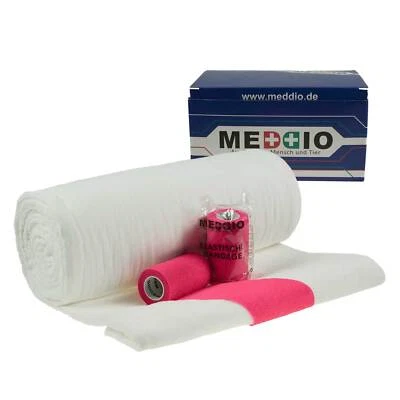 MADDMA Mullwatterolle 40x500cm + 12 Haftbandagen 10cm neonpink selbsthaftende Bandage W