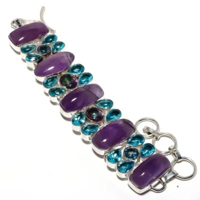 紫水晶鼠尾草彩虹蓝色黄玉宝石 925 纯银手链 a150 — 第 1/4 张图片