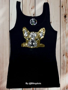 Women's French Bulldog Bling Sequins glitter no rhinestones sparkly tank top - Picture 1 of 6