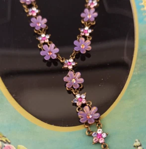 Michal Negrin Necklace Purple Flowers Pink Shades Crystals Cocktail Romantic Box - Picture 1 of 23