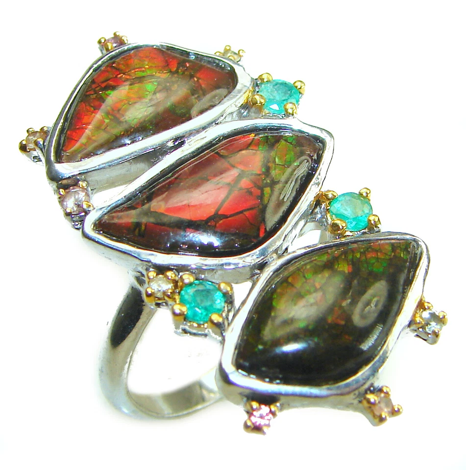 加拿大 Ammolite 纯银戒指 手工制作 椭圆形 925 尺寸:8 宝石 — 第 1/4 张图片