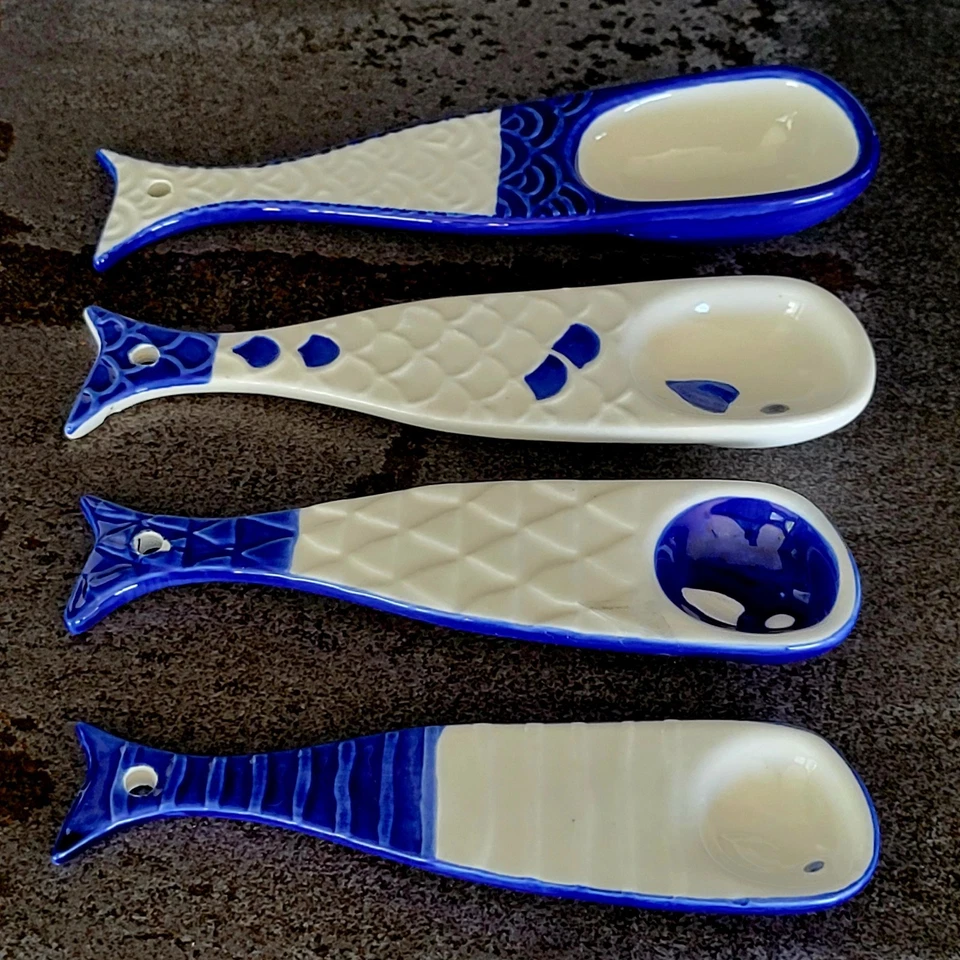 Whale Fish Measuring Spoons Set Of 4 Ceramic Nautical Ocean Sea - Image 1 of 4
