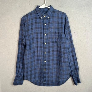 Club Monaco Slim Fit Blue & Black Plaid 100% Linen Shirt Size Small Long Sleeve - Picture 1 of 7