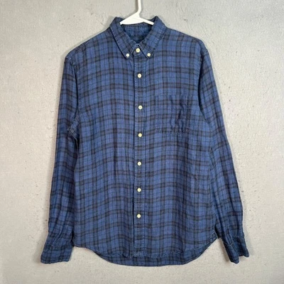 Club Monaco Slim Fit Blue & Black Plaid 100% Linen Shirt Size Small Long Sleeve - Image 1 of 4