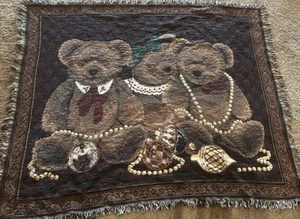 Vintage Holiday Christmas Teddy Bears Tapestry Blanket 4x5ft Pearls Ornaments - Picture 1 of 2