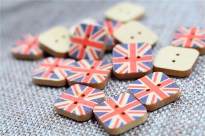 Pkg of 20 Square UK FLAG 2-hole Wood Buttons 5/8" (15mm) Scrapbook Craft (037) - Image 1 of 2