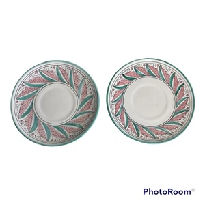 VTG Italian Deruta Hand Painted Pottery Teal Pink 6” Plates Tuscan - Pair Of 2 - Picture 1 of 12