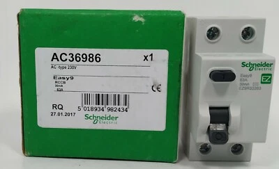 Schneider Easy9 63a 63 Amp 30mA Double Pole DP 2P RCD EZ9R33263 - Image 1 of 3