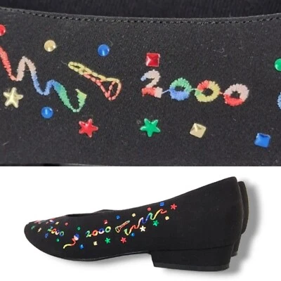 Vtg Y2k 2000s Rainbow Heels Black Stars Confetti Dots New Years Low Heels 8 B - Image 1 of 4