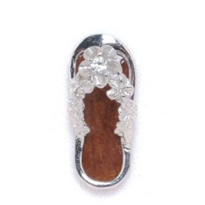 925 Sterling Silver Natural Hawaiian Koa Wood Pendant - Flip Flop Flower Strap - Picture 1 of 1