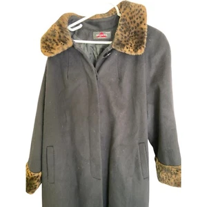 Alorna Faux Fur Trench Coat Womens Black Leopard Print Long Sleeve - Picture 1 of 7