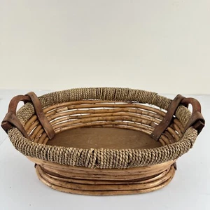 VTG Woven Bamboo & Wood Tray Basket Farmhouse Boho Rustic Oval 14.5x11 Serving - Picture 1 of 15