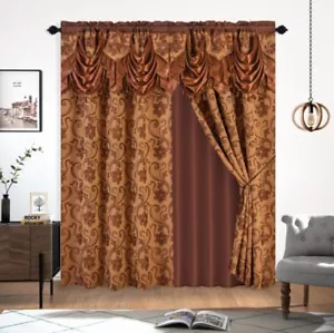 Jacquard Luxury Brown Curtain Set with Valance & Backing, 53x84, Set of 2 - Picture 1 of 1