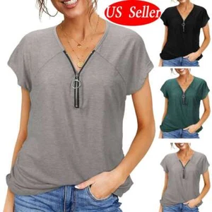 Womens T Shirt Casual Work Tee Chiffon Pullover Blouse Ladies Loose Zipper Tops - Picture 1 of 21