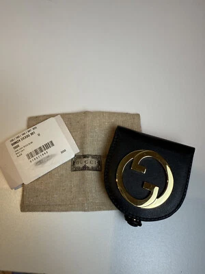 NUEVO CON ETIQUETAS Y Bolso Antipolvo Gucci Estuche para Monedas de Cuero Negro con Logo GG Dorado Foto 1 de 4