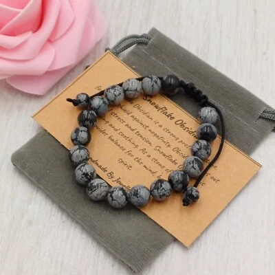 SNOWFLAKE OBSIDIAN Bracelet Adjustable Handmade + Gift Bag & Card Gemstone 6/8mm - Image 1 of 4
