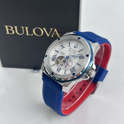 Bulova Marine Star 98A225 White Dial Red/Blue Rubber Strap Men's Automatic Watch - Image 1 of 4