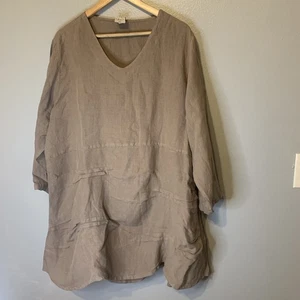 Top túnica La Fixsun mujer marrón 100 % lino cuello en V manga 3/4 Lagenlook artístico EE. UU. - Imagen 1 de 13