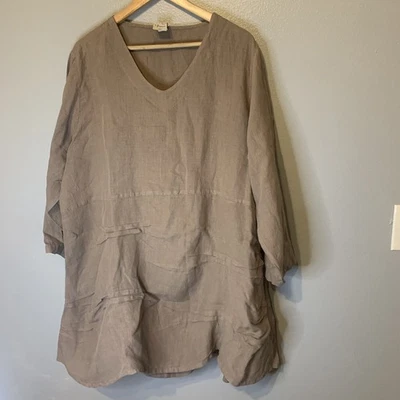 Top túnica La Fixsun mujer marrón 100 % lino cuello en V manga 3/4 Lagenlook artístico EE. UU. Foto 1 de 4