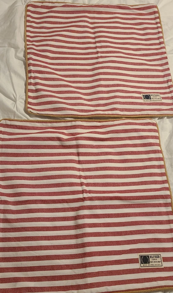 20x20 Tommy Hilfiger Red White Stripe Pillow Cover Burlap Rope Trim Zip Closure - Image 1 of 4