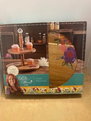 The Pioneer Woman Celia 2-Tiered Tray/Lazy Susan Floral Design Acacia Wood NEW - Image 1 of 4