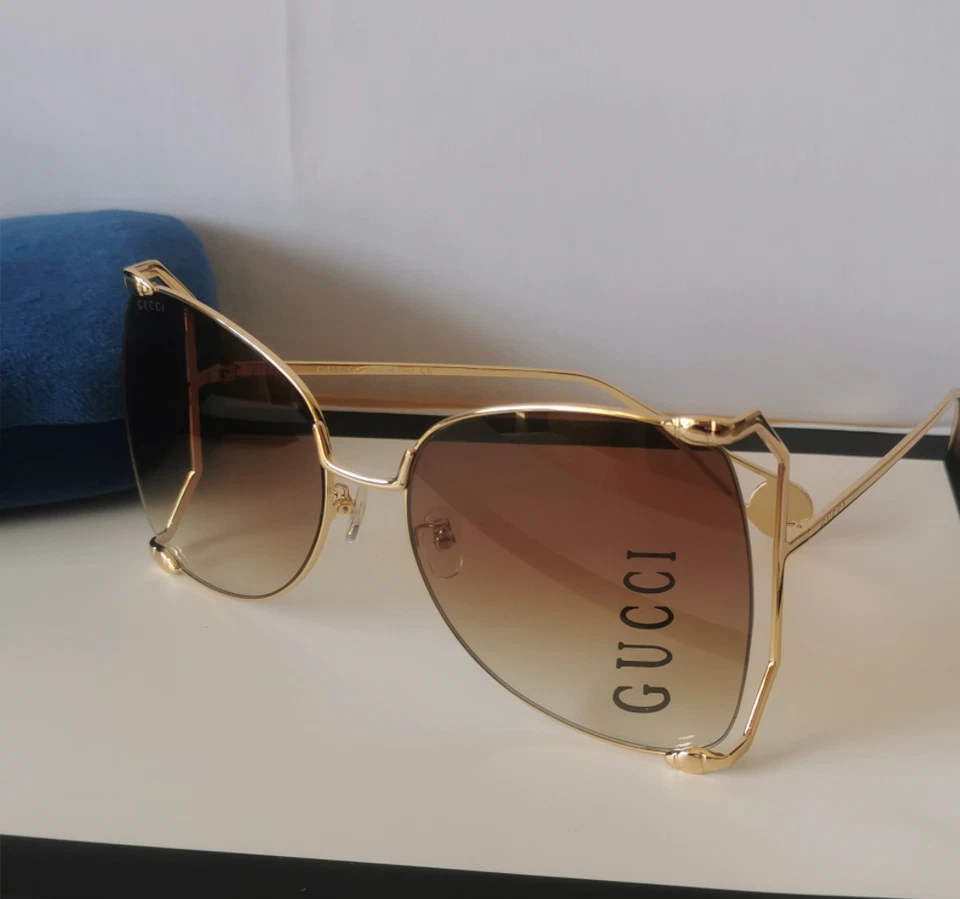 Óculos de sol Gucci GG0252S 63mm quadrado tamanho grande autêntico dourado com lente marrom - Imagem 1 de 4