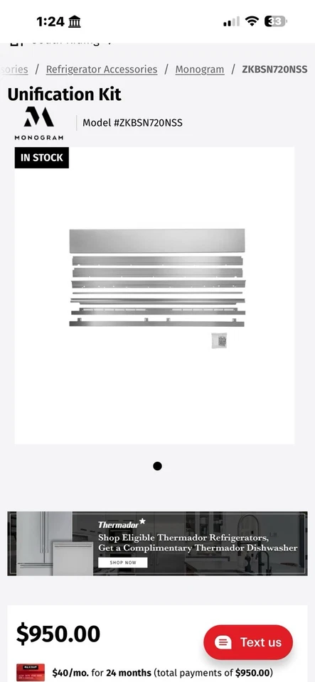 ZKBSN720NSS Monograma 72” Kit Unificación Acero Inoxidable Nuevo Foto 1 de 4