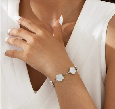 Juego ajustable de 2 piezas de brazalete trébol cinco hojas de la suerte chapado en oro blanco para mujer Foto 1 de 4