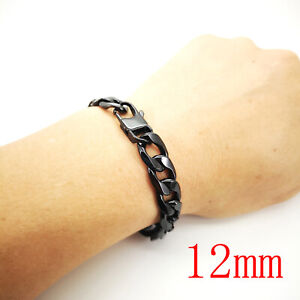 12mm Polished Stainless Steel Bracelet for Men Black Jewelry Curb Links