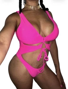 Fashion Posh Chic Sexy Swim Suit Sz M NEW Hot Pink Open Tie Up Onepiece Resort - Picture 1 of 2