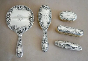 Antique GORHAM Sterling Silver 5-PIECE VANITY SET Hallmarked Rose & Scroll - Picture 1 of 12
