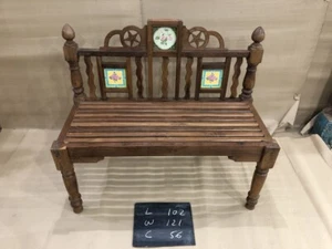19th Century Indian Antique wooden Bench with origina hand painted ceramic tiles - Picture 1 of 4