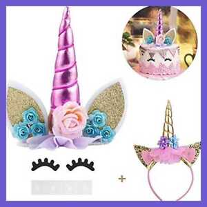 Unicorn Cake Topper Eyelashes & Headband Horn Ears Flowers Party