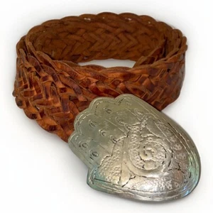 Vintage brauner Leder geflochtener Gürtel mit gravierter Hamsa Hand Fatima Schnalle - Bild 1 von 12