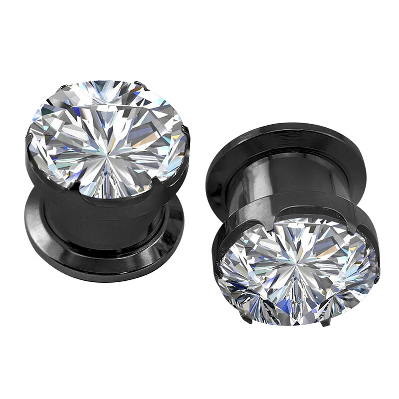 Tapones y túneles de cristal de 4-16 mm circonita cúbica medidores de oreja de acero inoxidable perforación expansora Foto 1 de 4