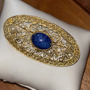 Broche antiguo filigrana oro vermeil plata esterlina con piedra lapislázuli cabujón - Imagen 1 de 7