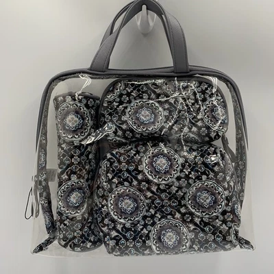 Vera Bradley 4 件套化妆包收纳套装奖章印花黑色/蓝色/Gr 全新 — 第 1/4 张图片