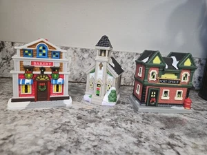 Lot Of 3 Cottage Christmas Houses Village Bakery Church Post Office Plastic 5in  - Picture 1 of 1