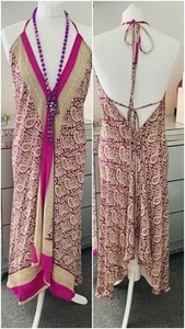 Mantra Gold Fuchsia Purple Silk Handkerchief Hem Midi Dress Sz M L Halter Neck - Picture 1 of 11