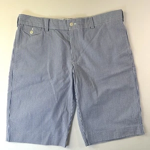 Ralph Lauren Sport Shorts Womens 12 Blue White Stripe Seersucker Bermuda Preppy - Picture 1 of 10
