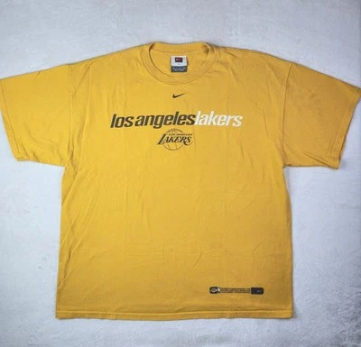 NIKE Team LA Los Angeles Lakers Center Swoosh T Shirt XL Yellow Vintage 90s Y2K  - Image 1 of 4
