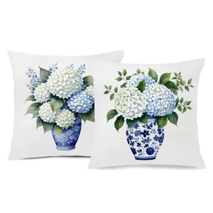 Blue and White Chinoiserie Hydrangea Pillow Covers 18x18, Grandmillennial Hom... - Picture 1 of 6