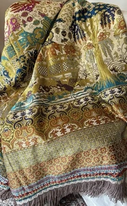 Antigua colcha Art Deco japonesa geisha satinado jacquard cubierta ~ tonos joya - Imagen 1 de 17