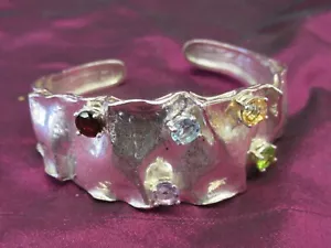 Vintage .925 Sterling silver ISRAEL heavy cuff bracelet with gemstones - Picture 1 of 7