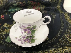 Royal Grafton  BONE CHINA TEA CUP & SAUCER GOLD Purple Violets Anniversary - Foto 1 di 5
