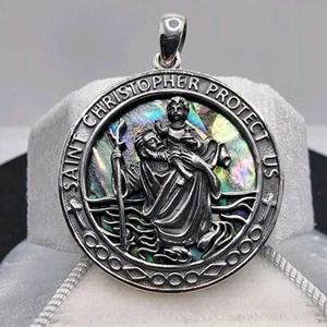 Saint Christopher Travel Protection Medallion Abalone Shell 925 Sterling Silver - Picture 1 of 3