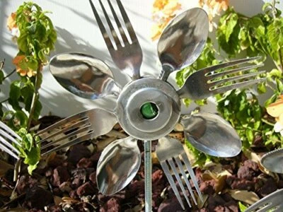 Green Spoon and Fork Sunflower, Garden Art, Garden Stake, Yard Art - Image 1 of 3