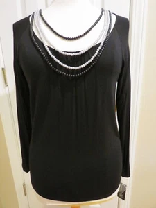 INC International Concepts Petite Be Mystical Black Long-sleeve Top w/Necklace M - Picture 1 of 9